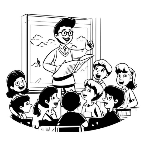 Teacher and students in classroom cartoon black and white vector