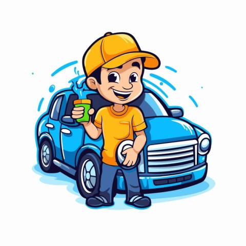 Cartoon car wash worker holding a cup of coffee. Vector illustra