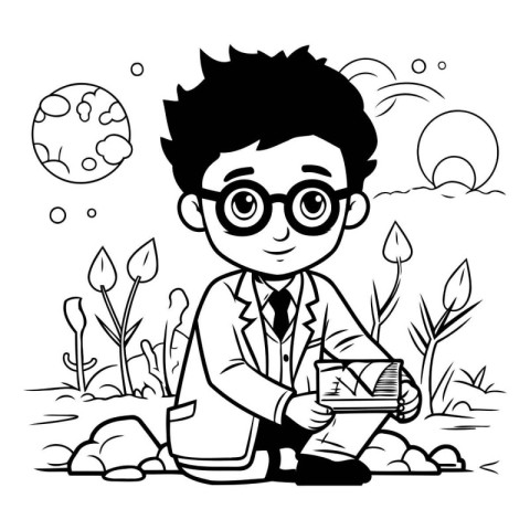 Boy in glasses with a tablet in his hand. Vector illustration.