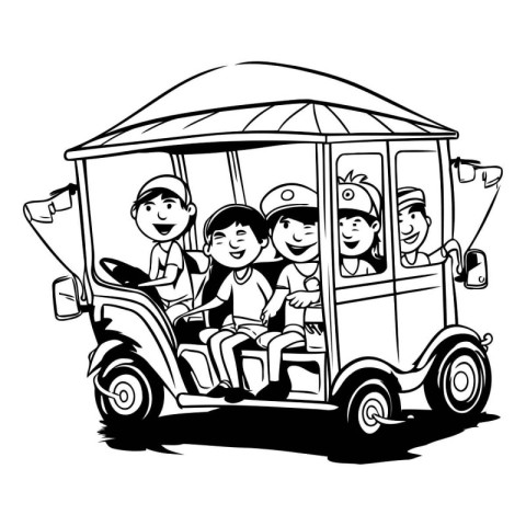 tuk tuk - black and white vector illustration of a family drivin