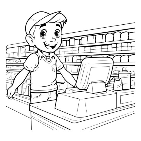 Black and White Cartoon Illustration of a Boy Shopping in a Supe