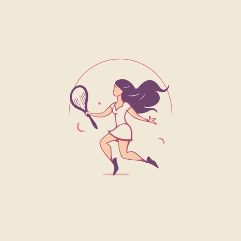 Girl playing tennis. Vector illustration in flat style. Line art