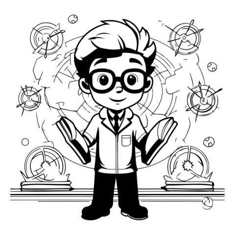 Schoolboy holding a book. Black and white vector illustration fo