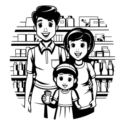 Family father and mother with son in supermarket cartoon vector