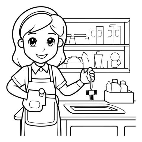 Barista in apron with a spatula in her hand. black and white vec