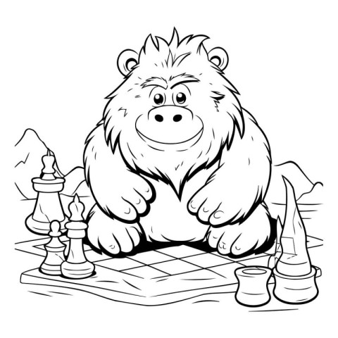 Black and White Cartoon Illustration of Monkey Chess Game for Co