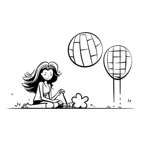 Girl sitting on the grass and looking at the globe. Vector illus