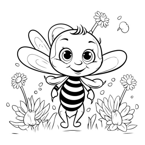 Black and White Cartoon Illustration of Cute Little Bee with Flo