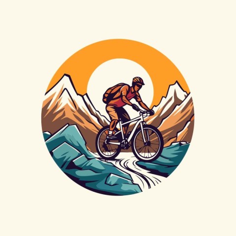 Mountain biker in the mountains. Vector illustration in retro st