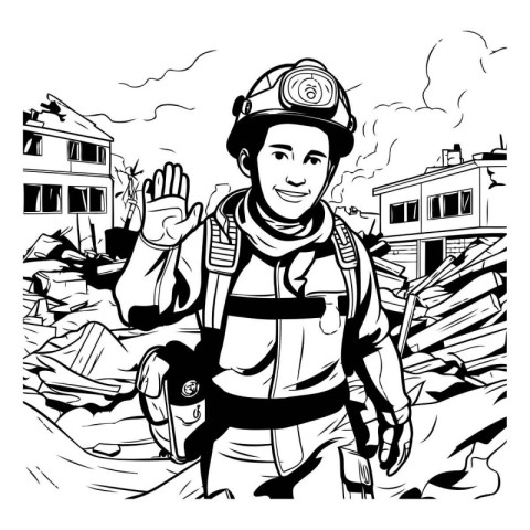 Black and White Cartoon Illustration of a Firefighter or Fireman