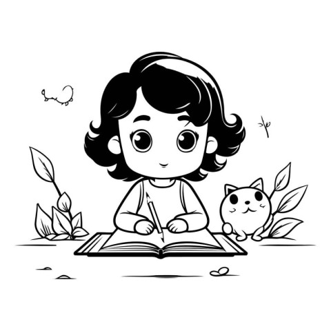 Cute little girl reading a book. Black and white vector illustra