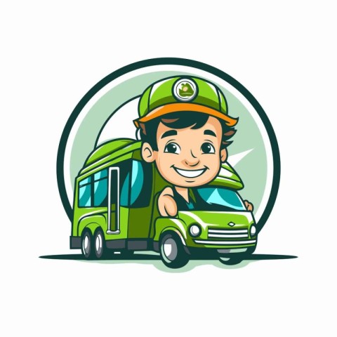 Cute cartoon schoolboy in uniform with bus. Vector illustration.