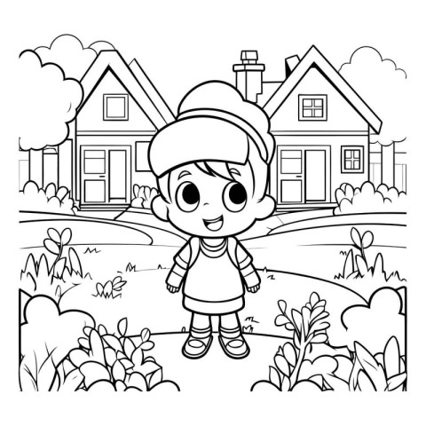 Coloring Page Outline Of a Little Girl in Front of a House