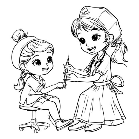 Cute little girl playing doctor with syringe. Vector illustratio