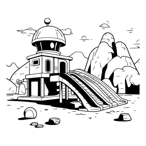 Black and white illustration of a children's slide in the park.