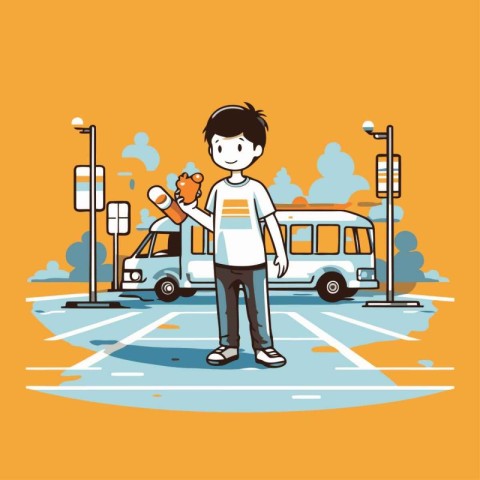 Man with a dog in the bus stop. Vector illustration in flat styl