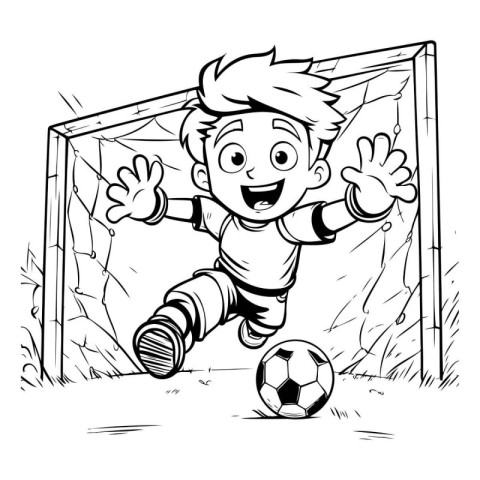 Cartoon soccer player with ball. Black and white vector illustra