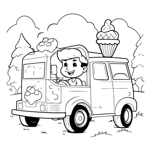 Vector cartoon illustration of a man driving a truck with ice cr