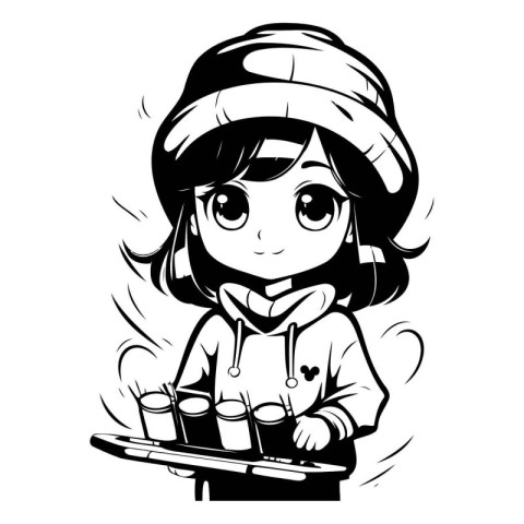 Cute little girl in a chef's hat with a tray of food