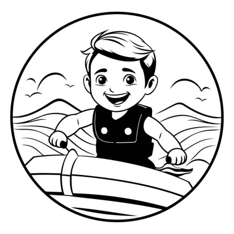 Boy rowing on a boat. black and white vector illustration.