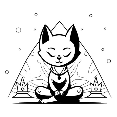 Cat meditating in lotus position. Black and white vector illustr