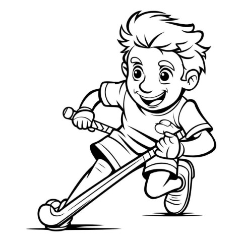 Boy playing ice hockey - Black and White Cartoon Illustration. V