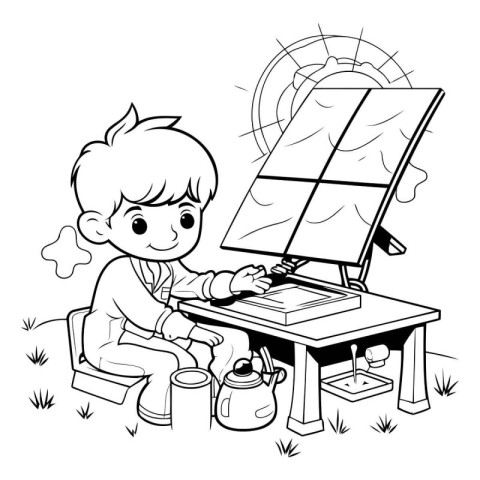 Boy working on a solar panel. Black and white illustration for c