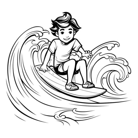 Boy surfing on wave. Black and white illustration for coloring b