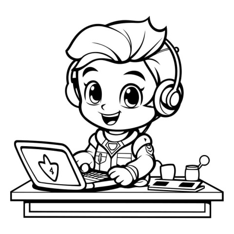 Black and White Cartoon Illustration of Kid Boy with Laptop for