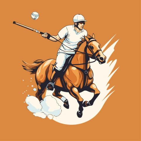 Hockey player on the horse with ball and bat. Vector illustratio