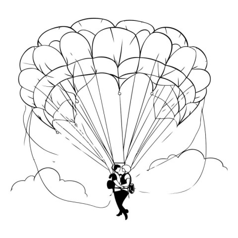 Parachutist flying in the sky. Black and white vector illustrati