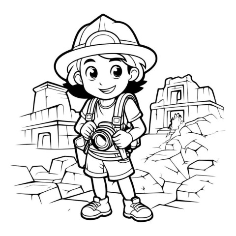 Black and White Cartoon Illustration of Kid Boy Traveler or Tour