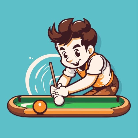 Cartoon boy playing billiards. Vector illustration of a boy play