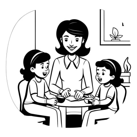 Mother and children in the office. Black and white vector illust