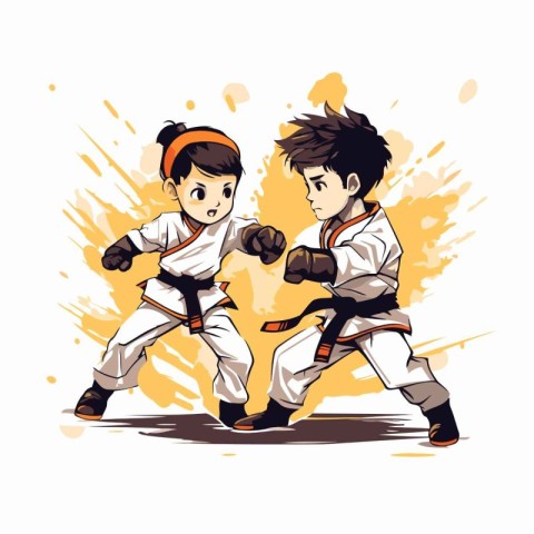 Karate kids. boy and girl training karate. vector illustration