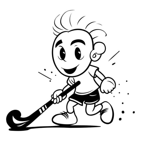 Cartoon boy playing hockey - Black and White Vector Illustration