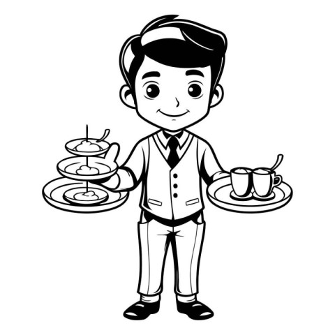 Waiter with tray and cup of coffee cartoon vector illustration g