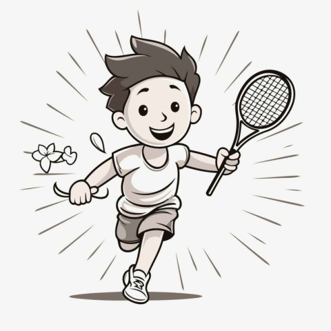 Cartoon boy playing tennis. Vector illustration of a boy playing