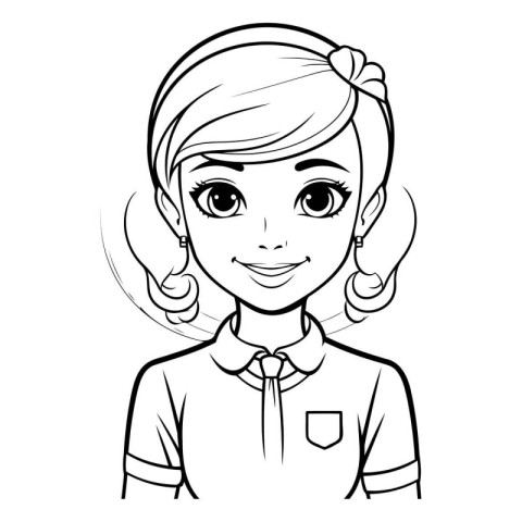 Black and White Cartoon Illustration of Cute Asian Girl Student