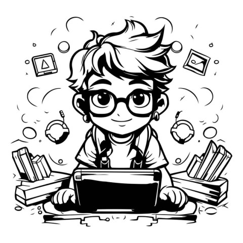 Black and White Cartoon Illustration of Kid Studying or Learning