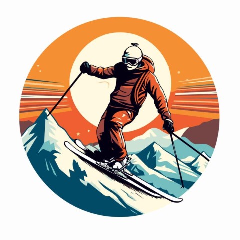 Skiing in the mountains. Vector illustration in retro style.