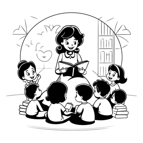 Teacher reading a book to children. Black and white vector illus