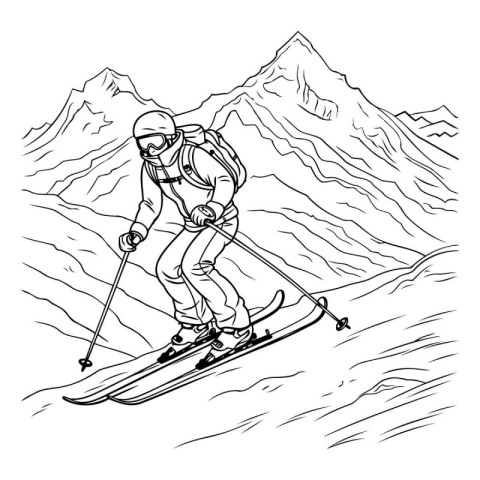 Skiing man in mountains. Black and white vector illustration.