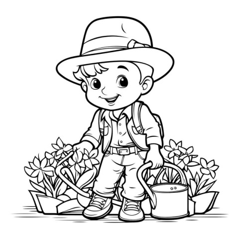 Black and White Cartoon Illustration of Little Boy Gardener with