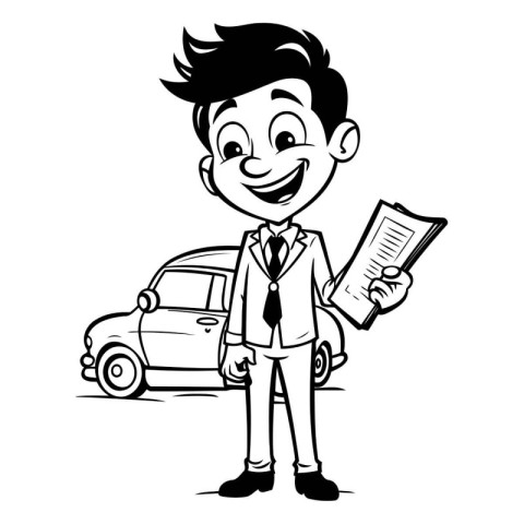 Businessman with car - Black and White Cartoon Illustration. Vec