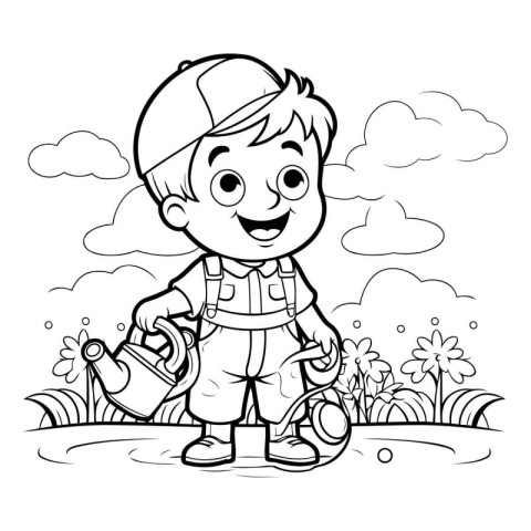 Coloring Page Outline Of a Little Boy Playing in the Garden