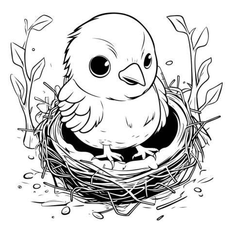 Cute chick in the nest. Black and white vector illustration.