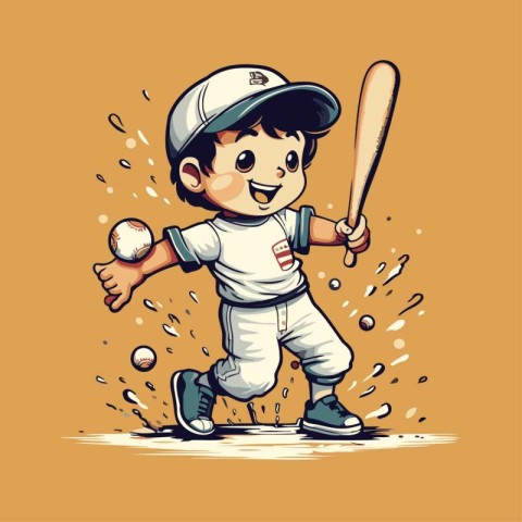 Baseball player with ball and bat in action. Vector illustration