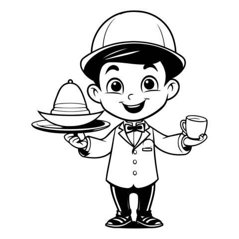 Cute boy waiter with a tray of food cartoon vector illustration