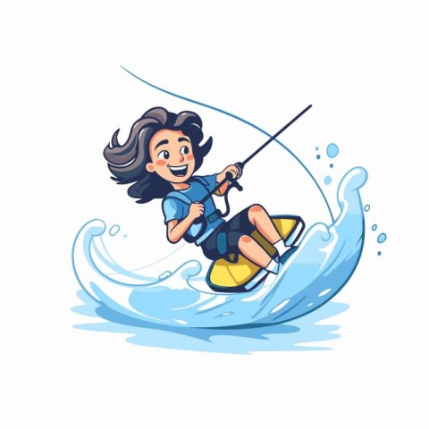 Cute cartoon kitesurfer girl riding a wave. Vector illustration.